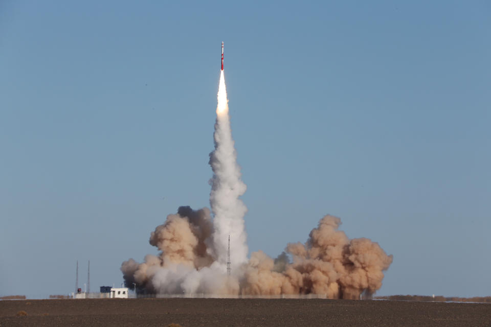 Zhuque-1, a Chinese carrier rocket privately developed by Beijing-based Landspace, lifts off from the Zhuquan Satellite Launch Center in China's Gansu Province on October 27, 2018. Photo taken on October 27, 2018. REUTERS/Stringer ATTENTION EATTION This image was provided by a third party. China out.